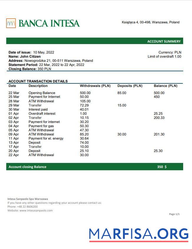 Downloadable Poland Banca Intesa bank statement word real example